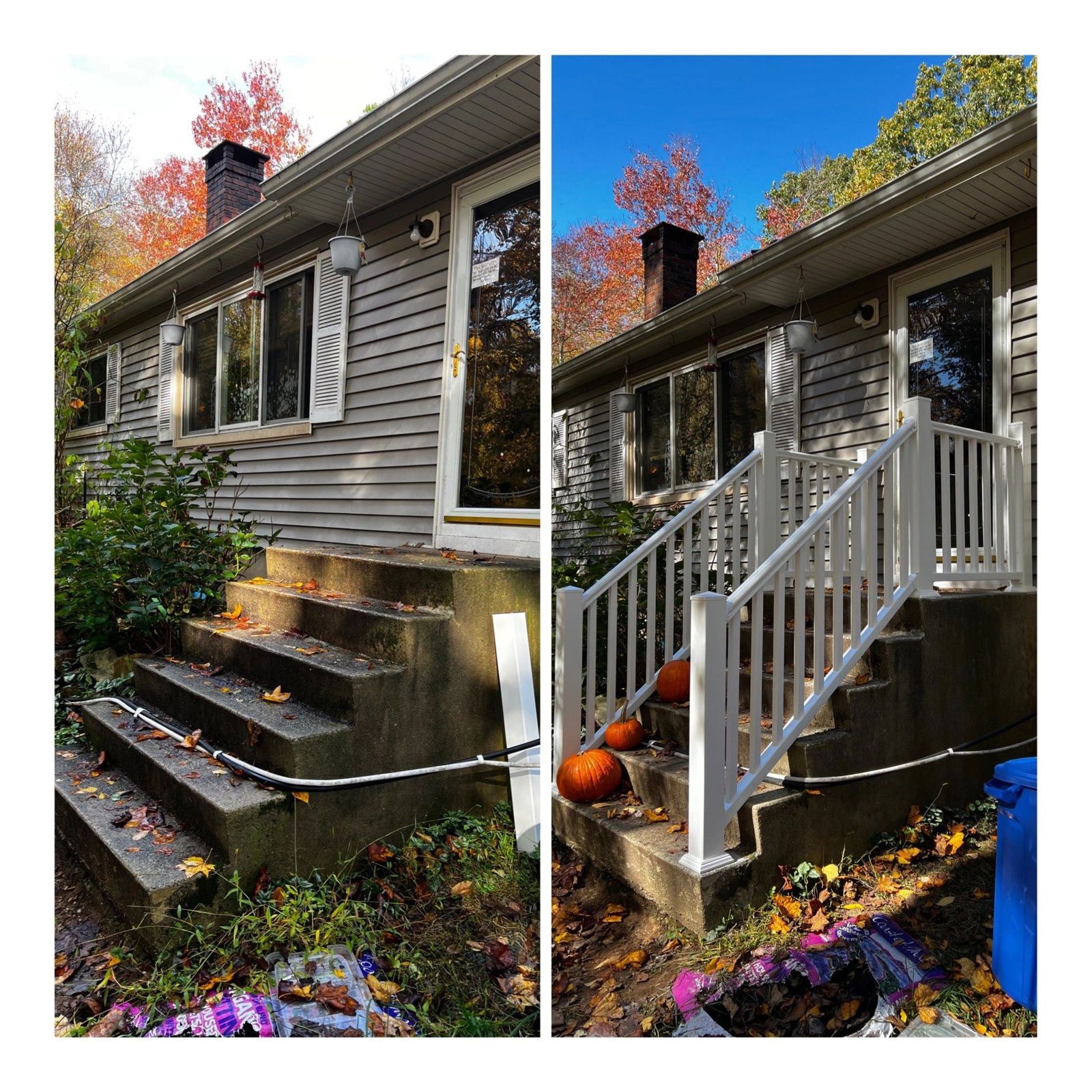 Before and after front steps and white railing rebuild in Connecticut