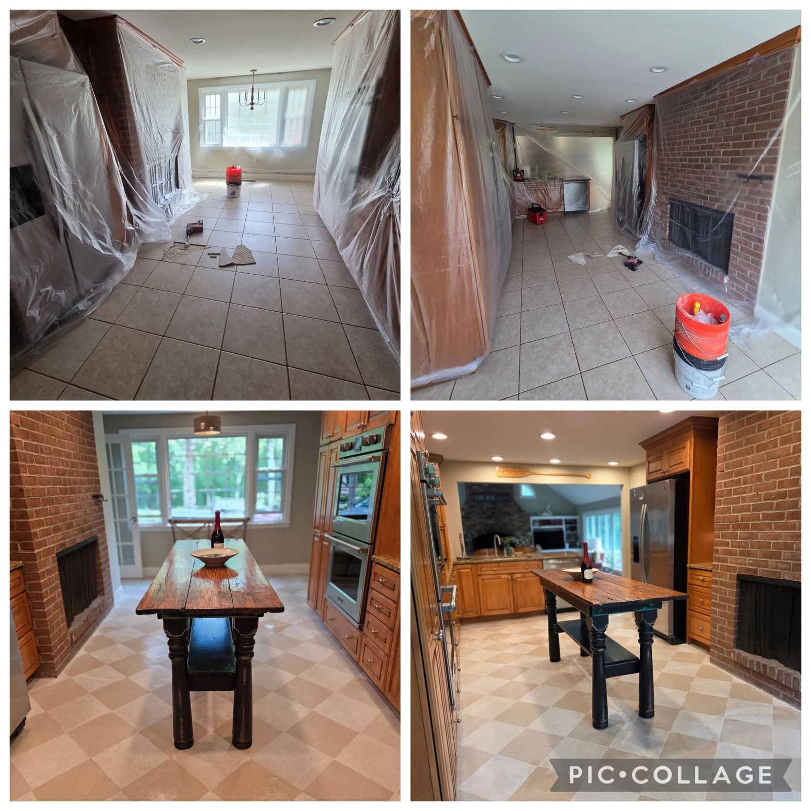 Before and after kitchen renovation with new tile floor in New London County, CT