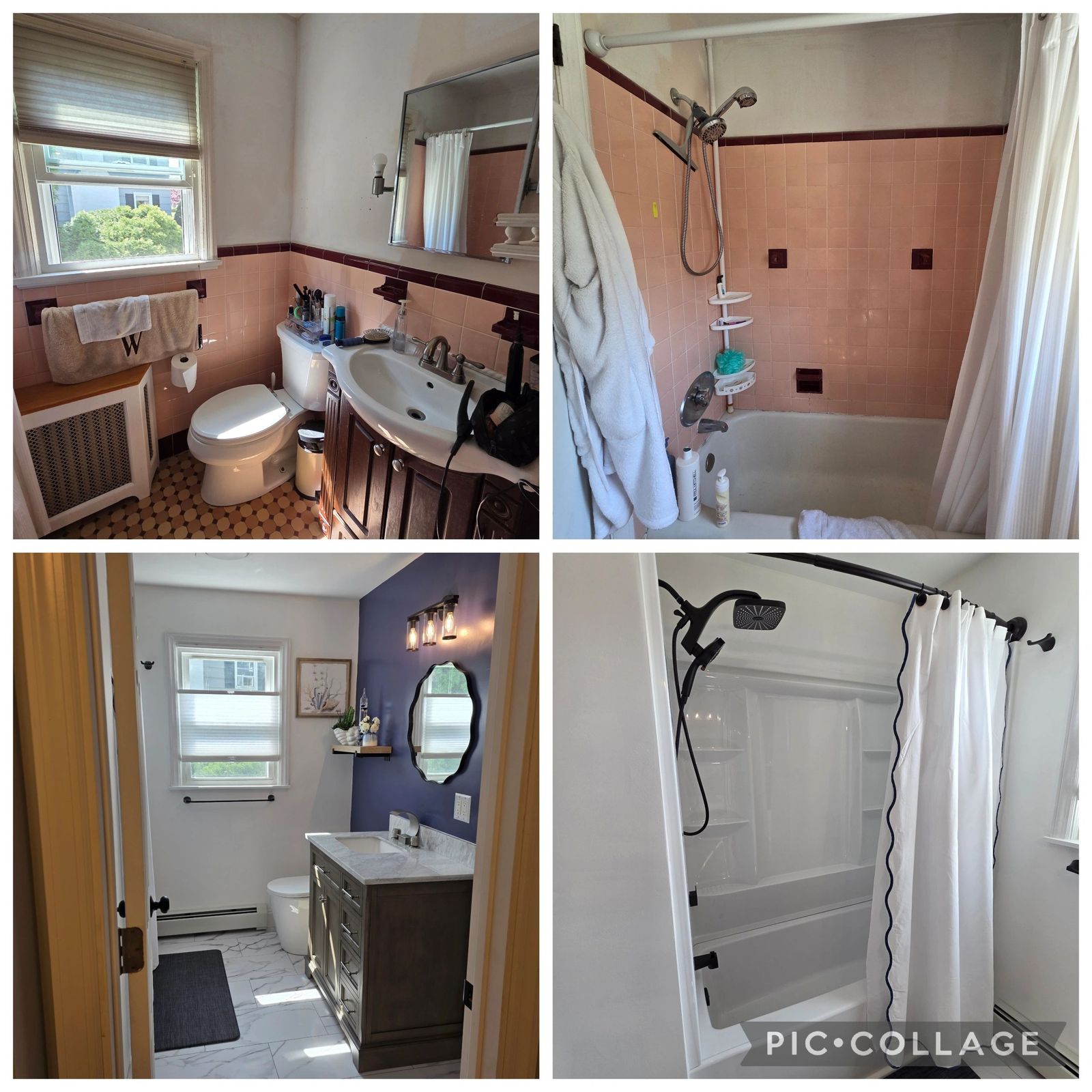 Before and after pink bathroom remodel into a modern bathroom in CT